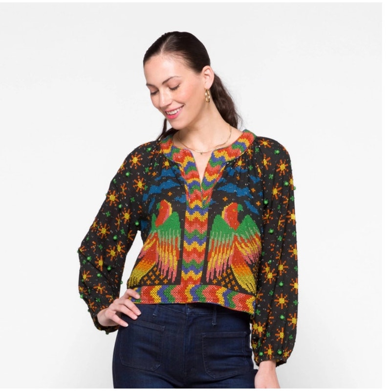 Farm Rio Women's Easy Fit Macaw Night Blouse Long Sleeve Multicolor Size Xl Nwot